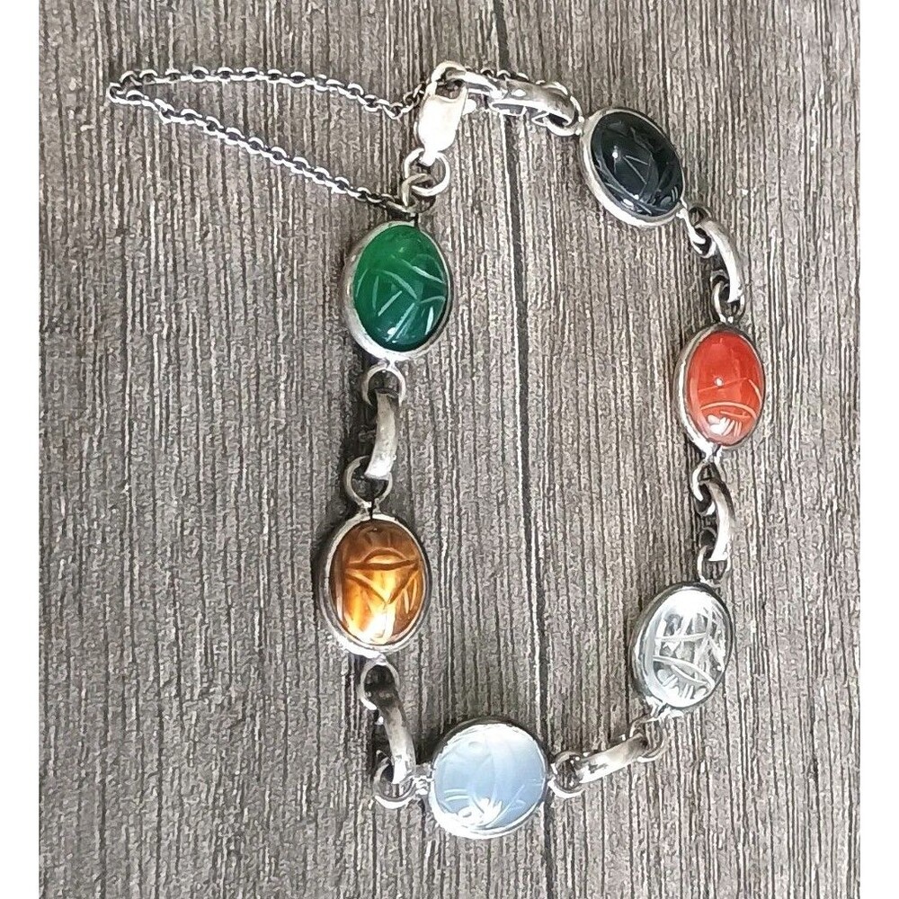 Scarab Carved Multi Stone Sterling Silver 925 Vintage Bracelet W Safety Chain